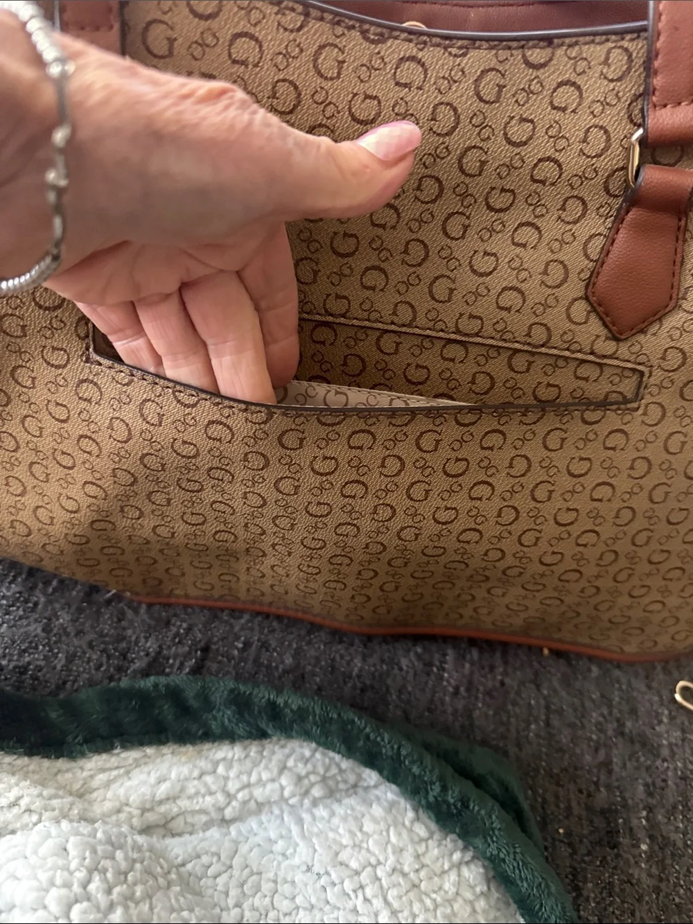 GUESS Brown Tan Signature Logo Tote with Leather Trim
